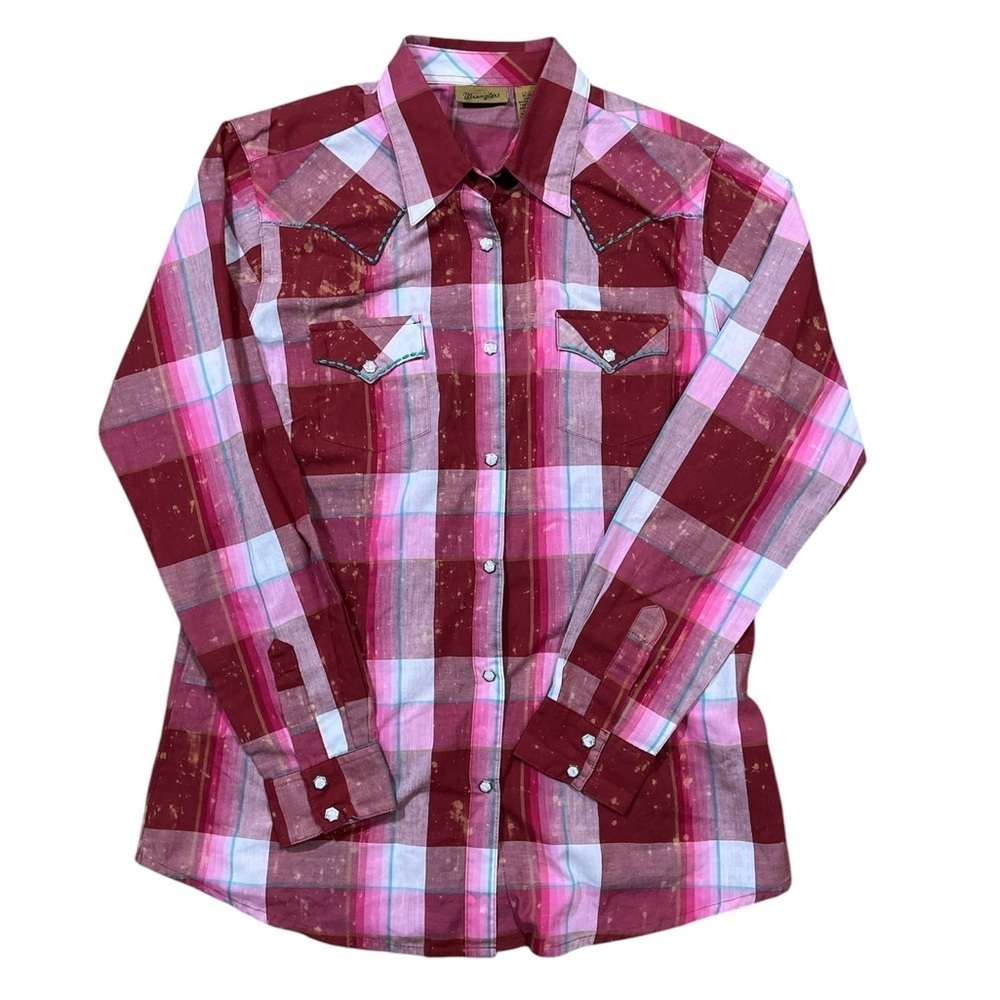 Wrangler EUC Pearl Snap Button Front Long Sleeve Western Shirt Pink Plaid Medium